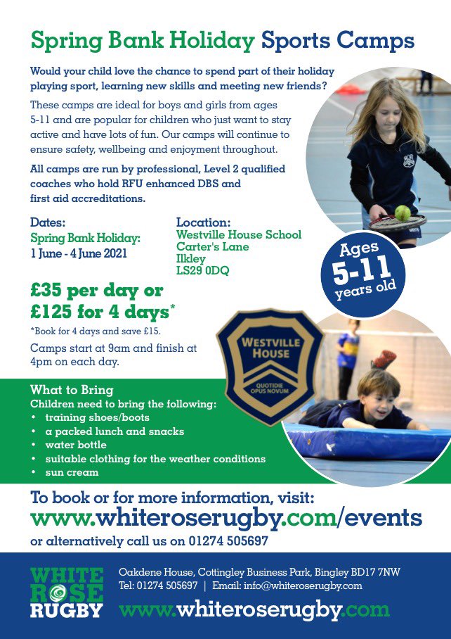 Our Spring Bank 2021 sports camps @WestvilleHouseS are now open for bookings on our website 🚨🚨 Follow the link below to find out more or to book your place ✅ whiteroserugby.com/events/categor…