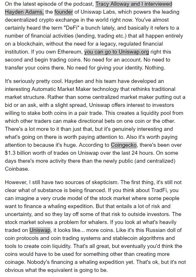TWO BIG QUESTIONS I STILL HAVE ABOUT DEFIIn today's  @Markets newsletter, I wrote about our conversation with  @haydenzadams on Uniswap. I think it's interesting and cool. But I'm not 100% sold on it.Sub' here  https://www.bloomberg.com/account/newsletters/markets