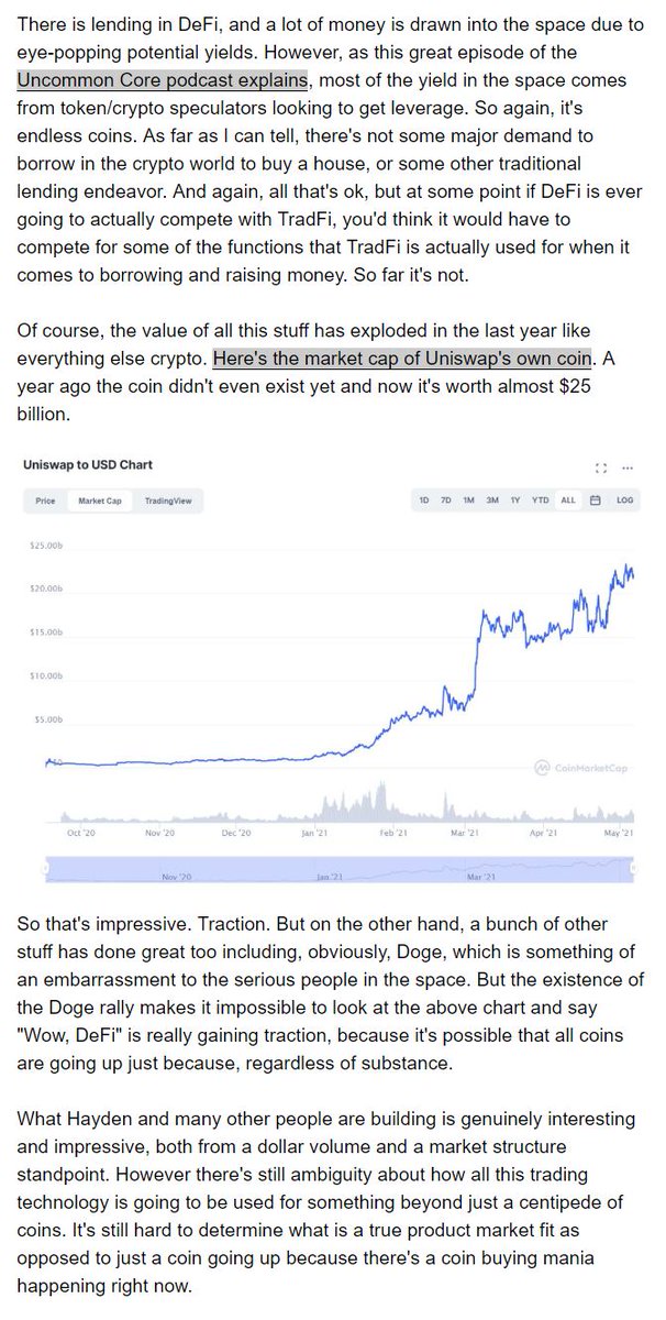 TWO BIG QUESTIONS I STILL HAVE ABOUT DEFIIn today's  @Markets newsletter, I wrote about our conversation with  @haydenzadams on Uniswap. I think it's interesting and cool. But I'm not 100% sold on it.Sub' here  https://www.bloomberg.com/account/newsletters/markets