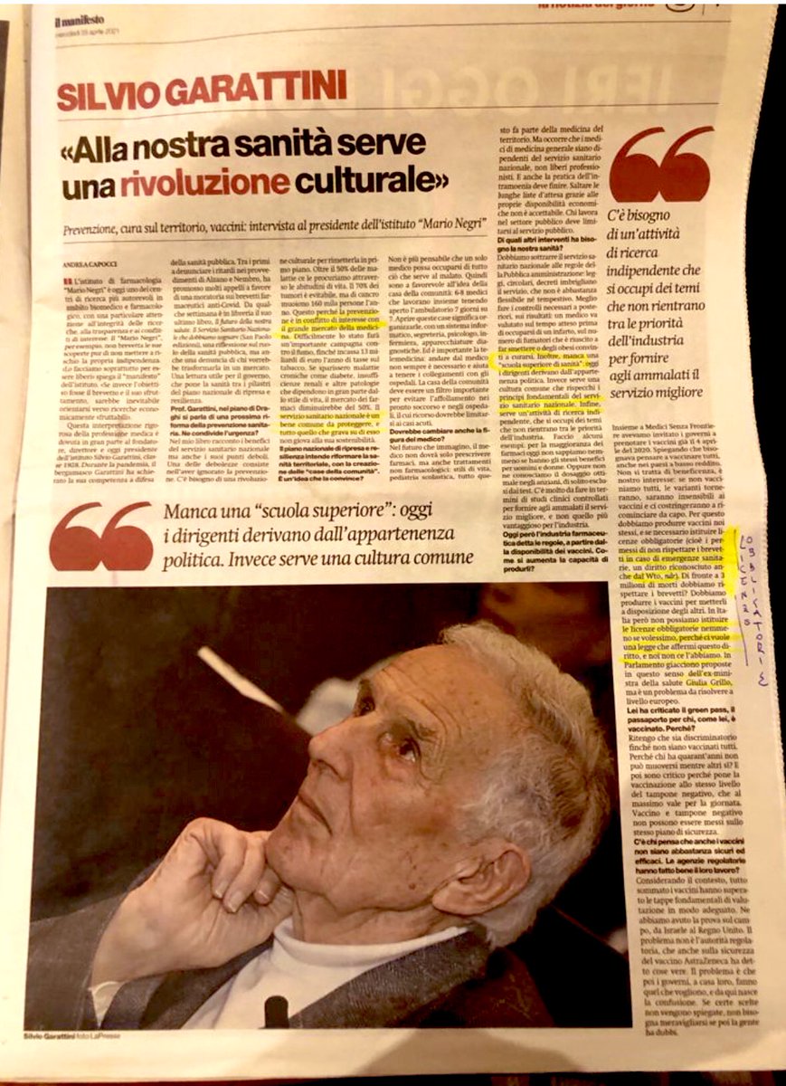 #Biden #brevettiliberi #vaccini . Signor Ministro  <a href="/robersperanza/">Roberto Speranza</a> dia uno sguardo all’intervista del Prof #Garattini al <a href="/ilmanifesto/">il manifesto</a> dell’altro giorno. Proposta identica a quella di <a href="/POTUS/">President Donald J. Trump</a> .Abbiamo buone idee anche noi. No? <a href="/scivolettoc/">Concetto Scivoletto</a> <a href="/PetrisDe/">Loredana De Petris</a> <a href="/tomasomontanari/">Tomaso Montanari Presidente</a> <a href="/aldo_garzia/">Aldo Garzia</a>