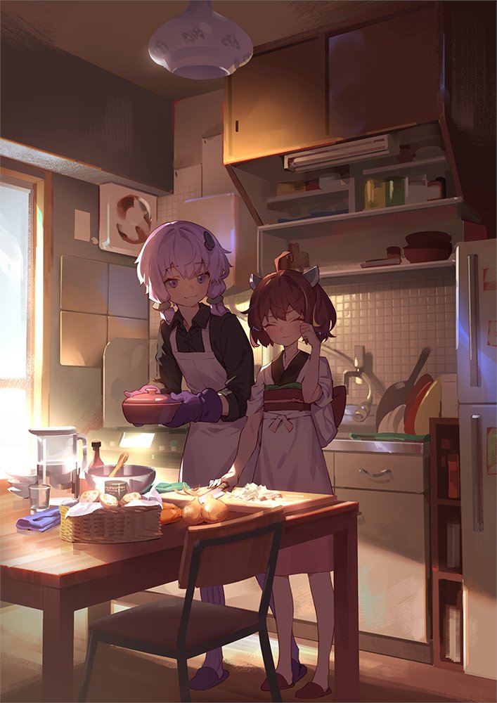 touhoku kiritan ,yuzuki yukari multiple girls indoors kitchen apron 2girls purple hair headgear  illustration images