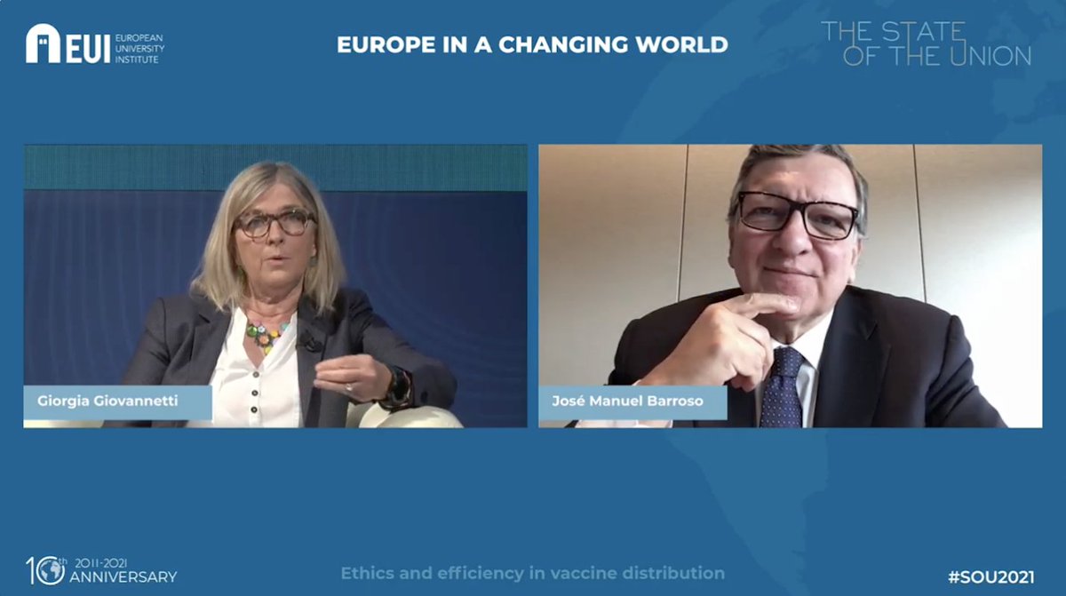 JMDBarroso's tweet image. It was pleasure to participate in the @EUISoU in a conversation with Giorgia Giovannetti about @Gavi #COVAX and the challenges we face in helping lower income countries in the fight against #COVID19 and other diseases. bit.ly/2SeT5YE #SOU2021