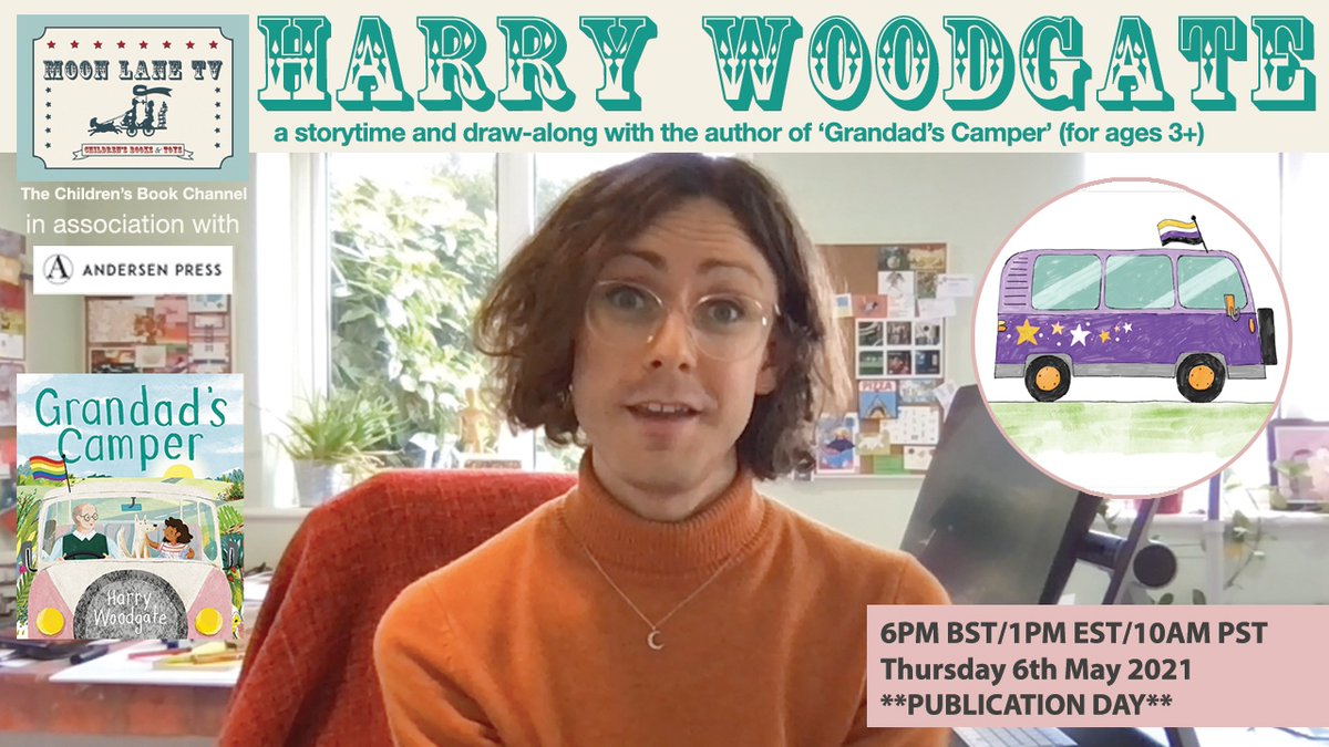 🎠📺TODAY 6PM BST/1PM EST/10AM PST…
🔗l8r.it/ZmJK 📚

🌟PUBLICATION DAY STORYTIME & DRAW-ALONG🌟

⭐️💕🏳️‍🌈✌️‘Grandad’s Camper’
with author/illustrator @harryewoodgate
For ages 3+ yrs
  
#GrandadsCamper @AndersenPress
🛍️🔗l8r.it/I0NO