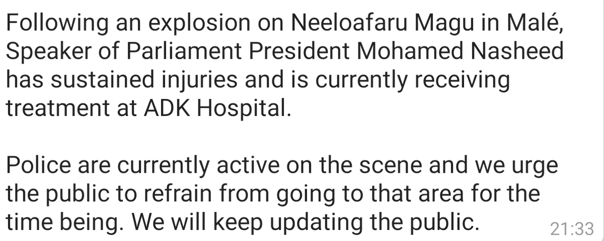 Police has issued a statement confirming former president Nasheed sustained injuries due to the explosion.