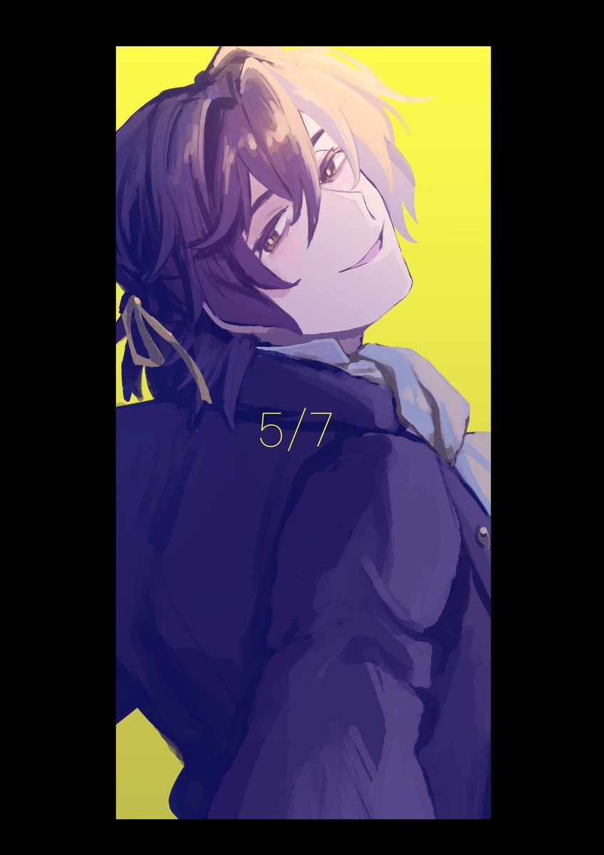 1boy male focus solo smile yellow background looking at viewer ribbon  illustration images