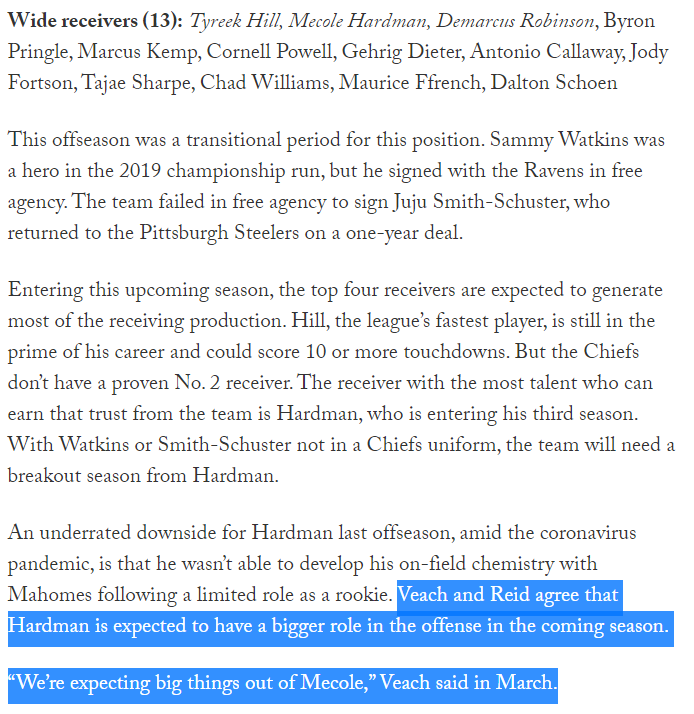 One last gasp of air for Hardman truthers? Really the saving grace for him is the dearth of reliable pass-catchers behind Hill/Kelce. Lots of hype from the front office WRT getting Hardman involved, but he needs to take advantage of his opportunities. Good best ball target iyam.