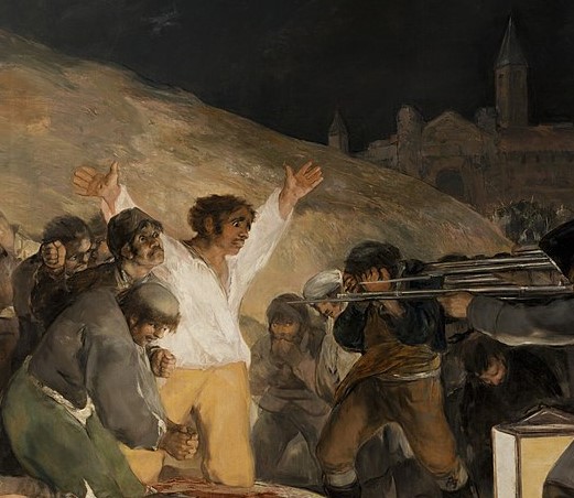 Mais la vérité que déploie Goya ne se limite pas à l'exactitude historique, elle embrasse un regard mystique sur l'événement. Dans la diagonale entre le franciscain et le clocher à l'arrière-plan qui rappellent la place de la foi chrétienne dans l'histoire espagnole... 7/24