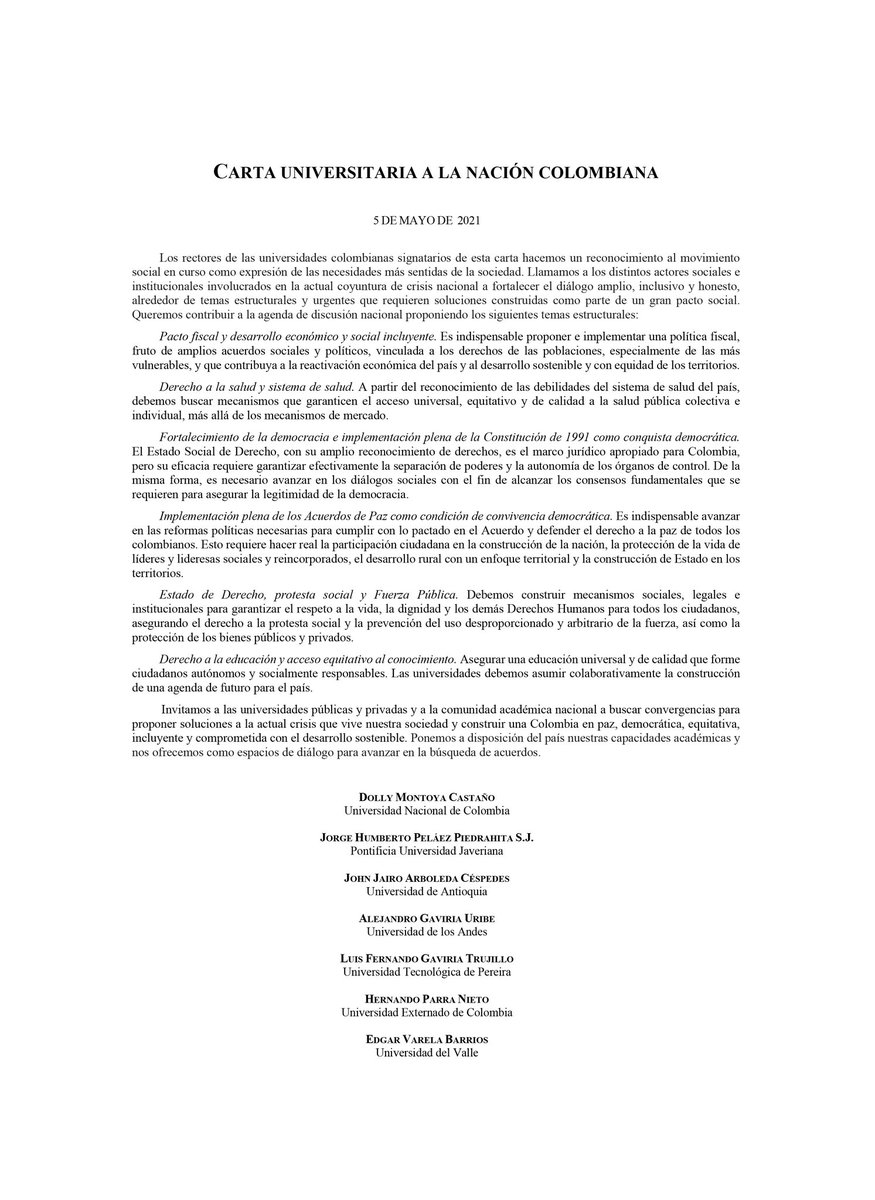 UExternado's tweet photo. Rectores de varias universidades, entre ellas el Externado, enviaron una carta a la nación en la que se plantea un gran pacto social para superar la crisis actual que vive Colombia. En ella se plantean seis puntos claves, léalos aquí. 👇🏼 https://t.co/ZsdYretGV1