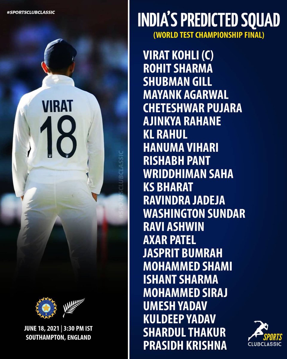 SCConX's tweet photo. Here is our India’s Predicted Squad for World Test Championship🇮🇳🇳🇿
What do you guys think about this squad?

Did we miss anyone🤔

Follow us at @SportsClubClas1 for all the latest cricket news and updates!

#ViratKohli #MSDhoni #BreakingNews #INDvNZ #coronavirus #WTC21 #Corona https://t.co/otbnx3lzBE