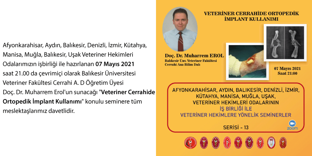 "Veteriner Cerrahide Ortopedik İmplant Kullanımı" 
Join Zoom Meeting
us02web.zoom.us/j/84246543102?…
Meeting ID: 842 4654 3102
Passcode: 636800