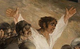 … on trouve le personnage principal, au centre et en pleine lumière, figé dans une posture christique, bras en croix, vêtu de blanc comme les martyrs dans le livre de l'Apocalypse ; et sur sa paume droite, Goya a été jusqu'à lui placer l'une des stigmates de Jésus. 8/24