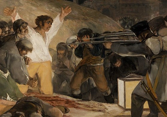 Ici, Goya reprend tous les codes de la peinture religieuse de martyr, en les insérant de façon très habile dans sa peinture d'Histoire : par exemple, les vêtements blanc et jaune de l'insurgé sont celles de la lampe, signe que les martyrs sont la véritable lumière du monde...