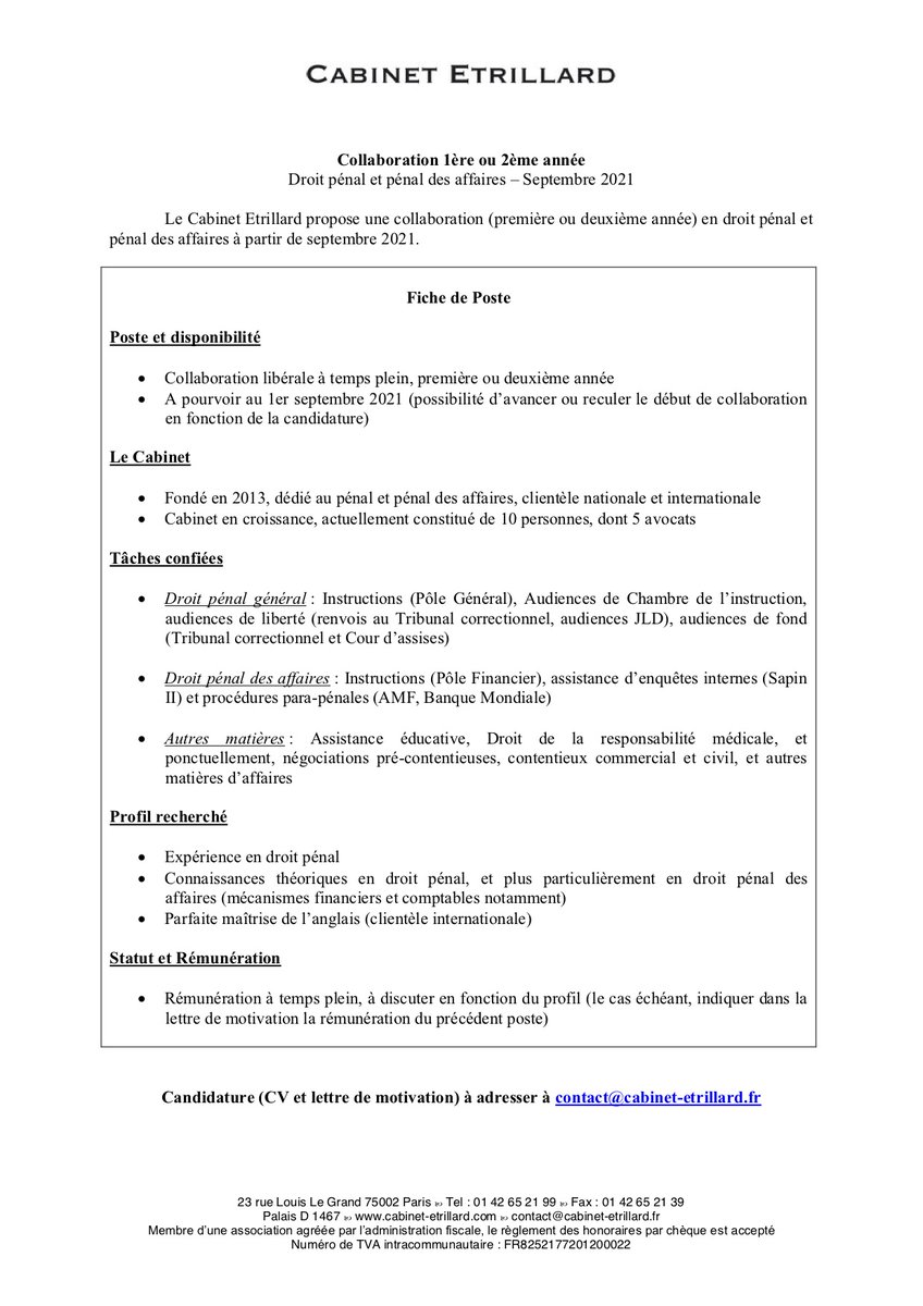 EtrillardAvocat's tweet photo. Nous offrons une collaboration en droit pénal et pénal des affaires (1ère ou 2ème année) pour le dernier trimestre 2021. CV et LM sur contact@cabinet-etrillard.fr. https://t.co/V8PJa7YDFp