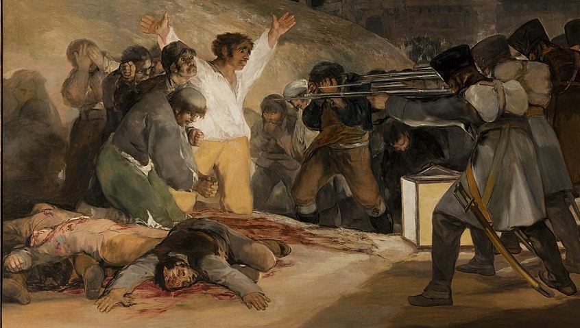 Encore plus troublant, Goya met l'accent sur le processus répétitif de l'exécution : à l'avant-plan, on voit les cadavres des insurgés qui viennent d'être fusillés, au milieu ceux qui sont sur le point d'être exécutés, et derrière ceux qui vont suivre. 20/24