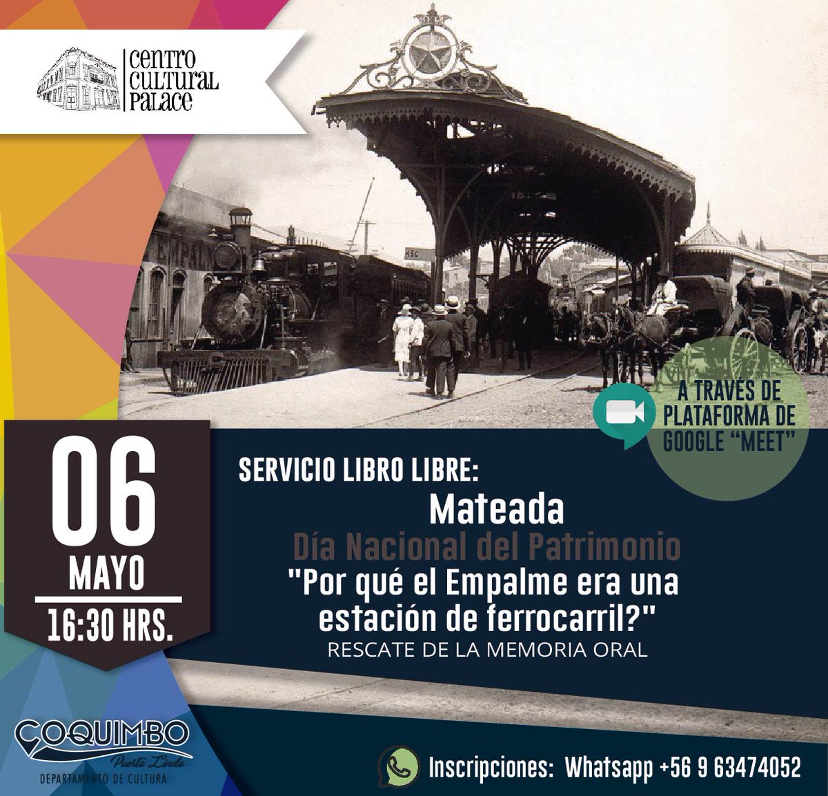 [ HOY ]📚 L@s invitamos para este 06 de mayo, a las 16.30 hrs, a nuestra Mateada Virtual ”¿Por qué el Empalme era una Estación de Ferrocarril?", org por el Serv LibroLibre, en el marco del mes del Patrimonio Cultural, a través de Google Meet 💻😊👇🏻!

Inscripciones en +56963474052