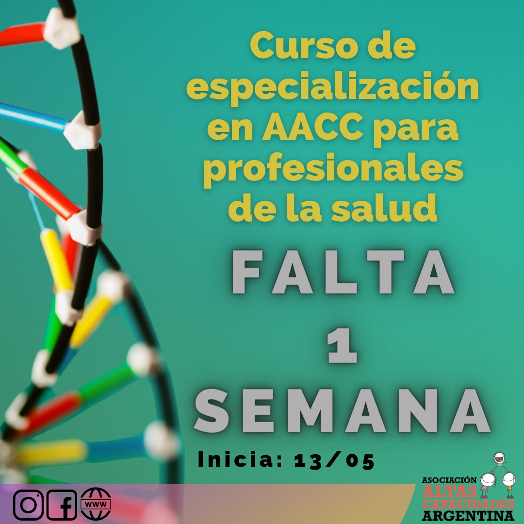 TW

"Curso de especialización en Altas Capacidades para profesionales de la salud" organizado por la Asociación Altas Capacidades Argentina.
.
👥 Dirigido a profesionales nacionales y extranjeros de la salud.

Programa completo e inscripción: forms.gle/Zjr46wGBbjEBpf…