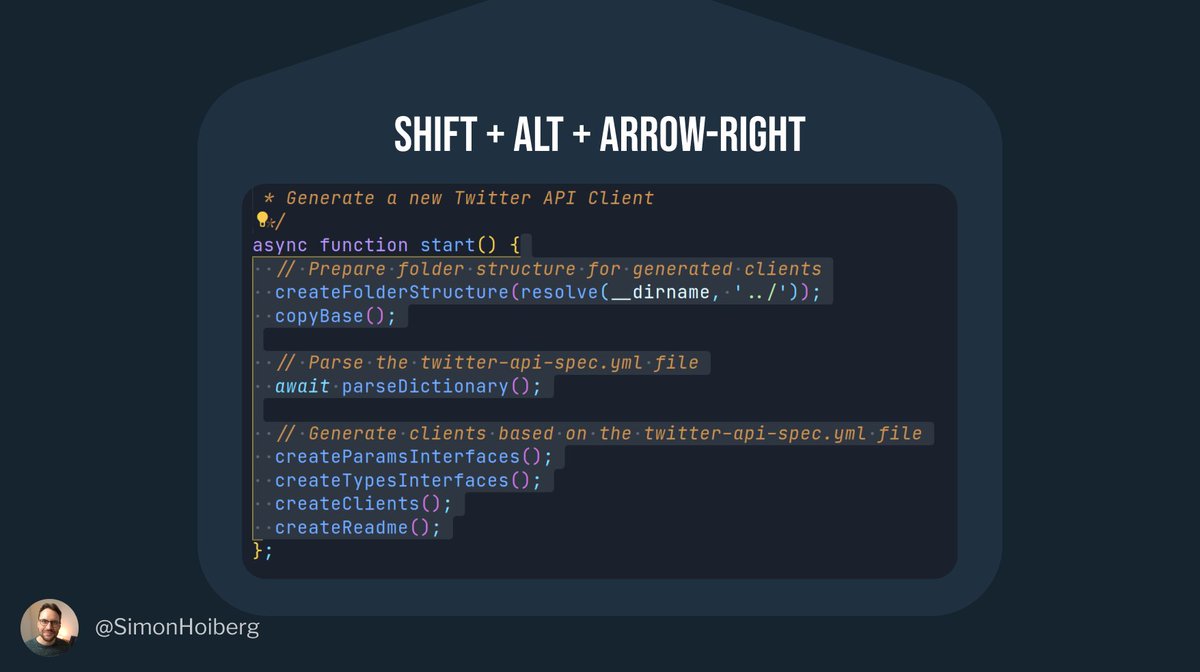 Smart Select -> GrowIf you place the cursor inside a scope and press shift + alt + right-arrow, VSCode will select the entire scope for you.It also works with if-statements, while, etc.Anything with brackets.