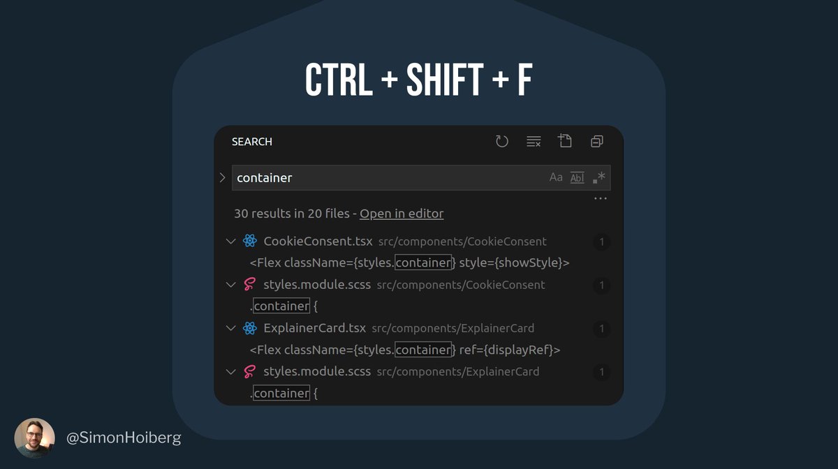 Search text through all files.By hitting ctrl + shift + F, we can quickly open the sidebar and search through all files.