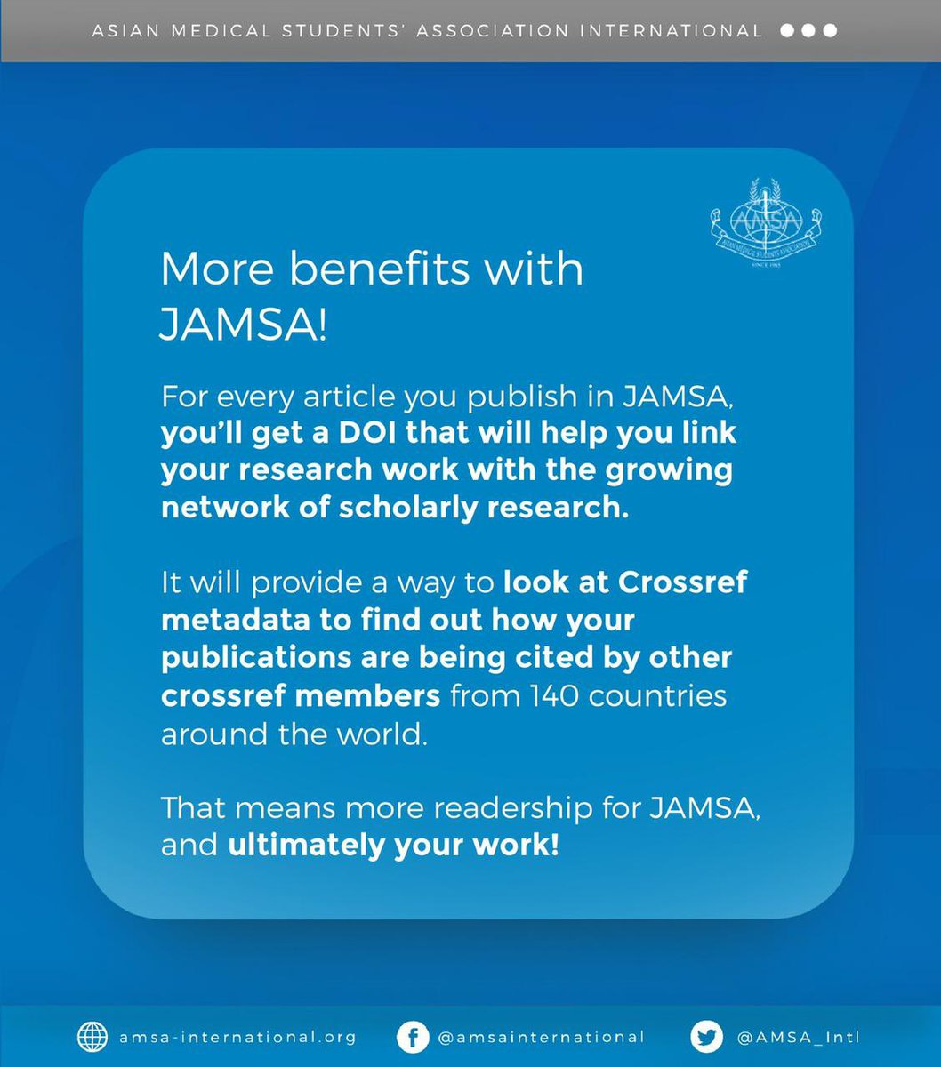 j_amsa's tweet photo. JAMSA is now a @CrossrefOrg member! 
All the more reasons to publish with us to get added benefits :)
#research #MedTwitter https://t.co/Dznxnmn9eS