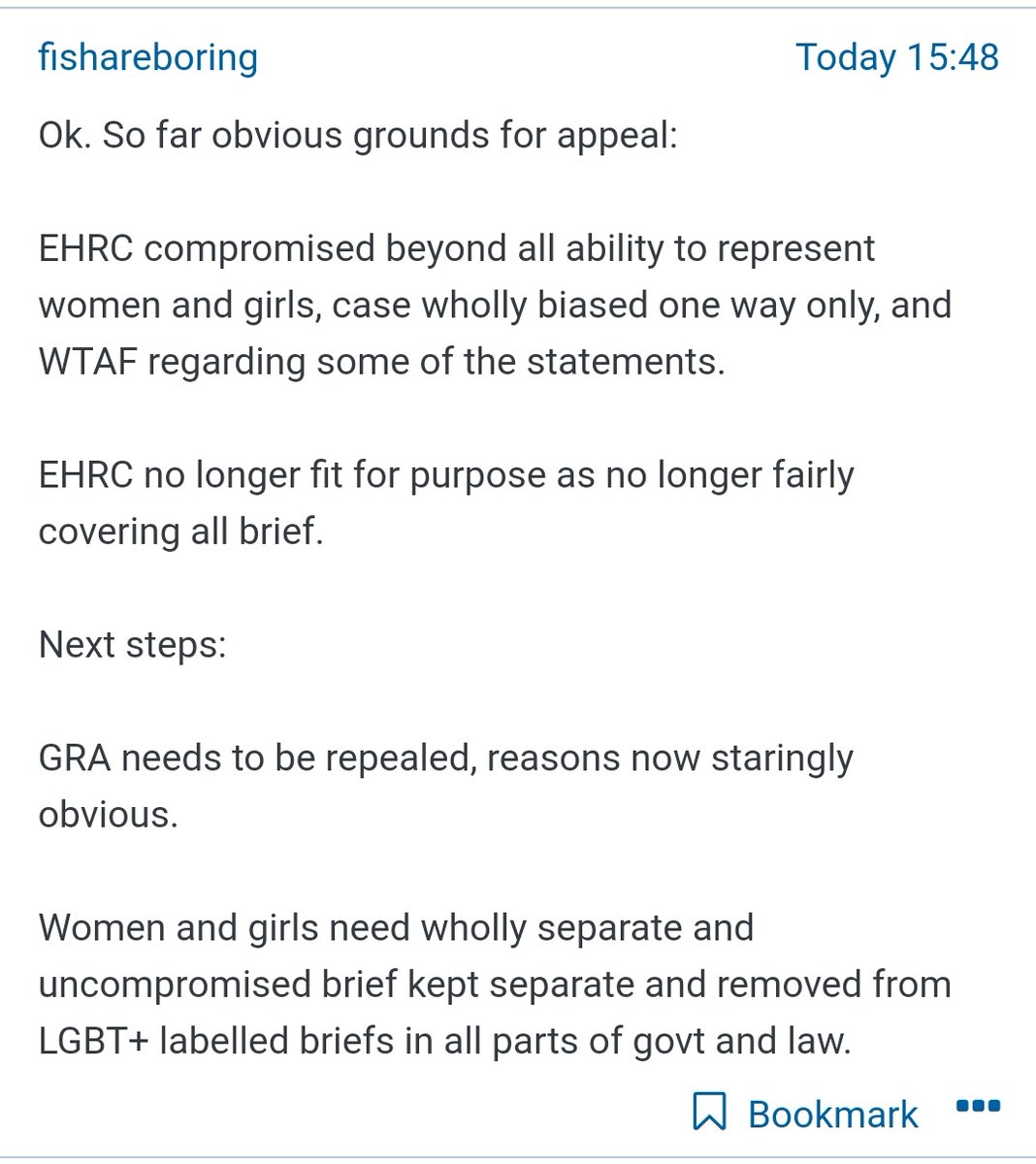 It's not the EHRC who decided GCs were wrong but they're taking this loss as proof that the EHRC are institutionally captured for having defended their own legal position in a case against them.Absolutely bizarre.