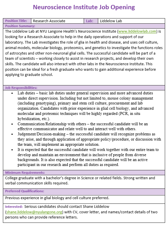 WE'RE HIRING (please RT)
do you live in NYC and want to work with an amazing group of scientists on glia/neurodegenerative disease?
we're looking for a Research Associate to join us in our ongoing research efforts. Details below, and more about the lab at liddelowlab.com