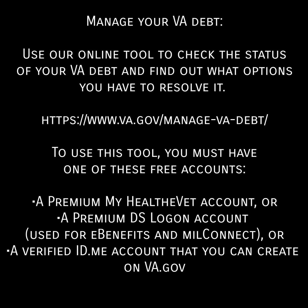 14/ Manage your VA debt:Use our online tool to check the status of your VA debt and find out what options you have to resolve it.  https://www.va.gov/manage-va-debt/ 