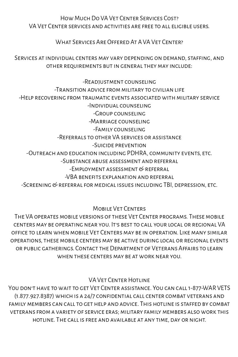 16/ The VA Vet Center ProgramVet Centers are described by the VA as “community-based counseling centers” that offer social services, counseling, and other psychological services to veterans and their families. https://militarybenefits.info/vet-center-program/