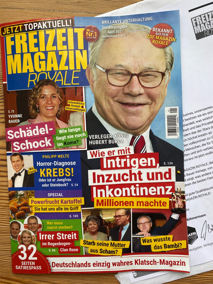 EvaStegen's tweet photo. @janboehm Hurra! Endlich da! Unser #Freizeitmagazin Royal! Große Vorfreude auf SEX-SKANDAL in Dänemark und die Story vom Klatschpresse-Heini im Altkleider-Container!!! IGITT!
#zdfmagazin https://t.co/lJFJayPu9g