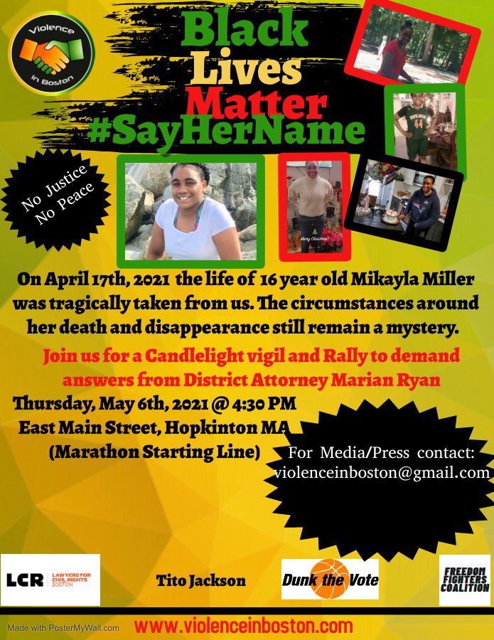 today’s the day join us at the boston marathon starting line early this afternoon to honor  #MikaylaMiller, hear from her mother directly, & make our demands heard! *wear masks* #SayHerName  #JusticeForMikayla  #JusticeForMikaylaMiller  #BlackLivesMatter    #BlackQueerLivesMatter