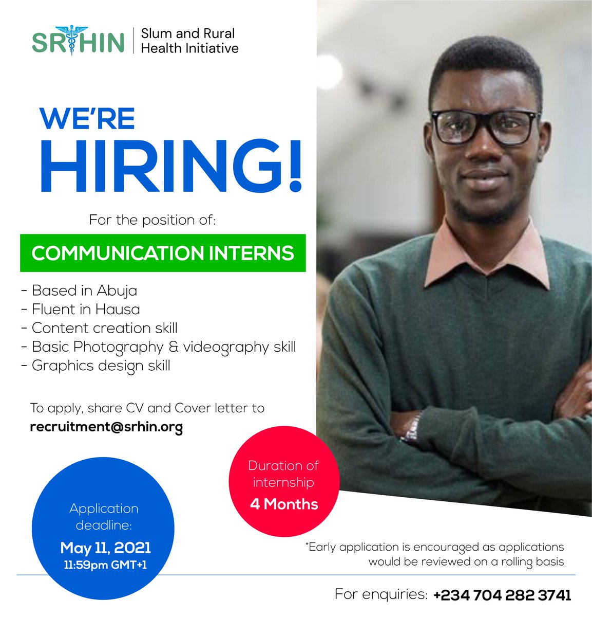 Research4Equity's tweet photo. Slum and Rural Health Initiative Network, Africa (SRHIN) is hiring for the position of;

1) Communications Interns
2) Research Interns 
3) Hausa Language Translator

Read pictures for requirements. 
To apply, send your CV and Cover Letter to recruitment@srhin.org https://t.co/QpBh3Ufi9V