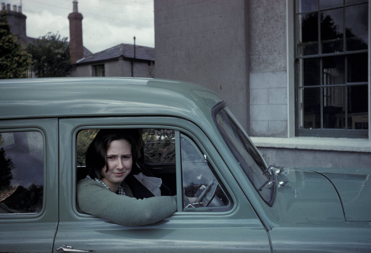 RathdownAlumni's tweet photo. On the @explorearchives May theme of #Transport here's Geraldine Lefroy, about to drive herself home from The Hall at the end of the summer term, 1961. We love the tonal matching of school jumper and car paint! https://t.co/0Yzrg7HOxK