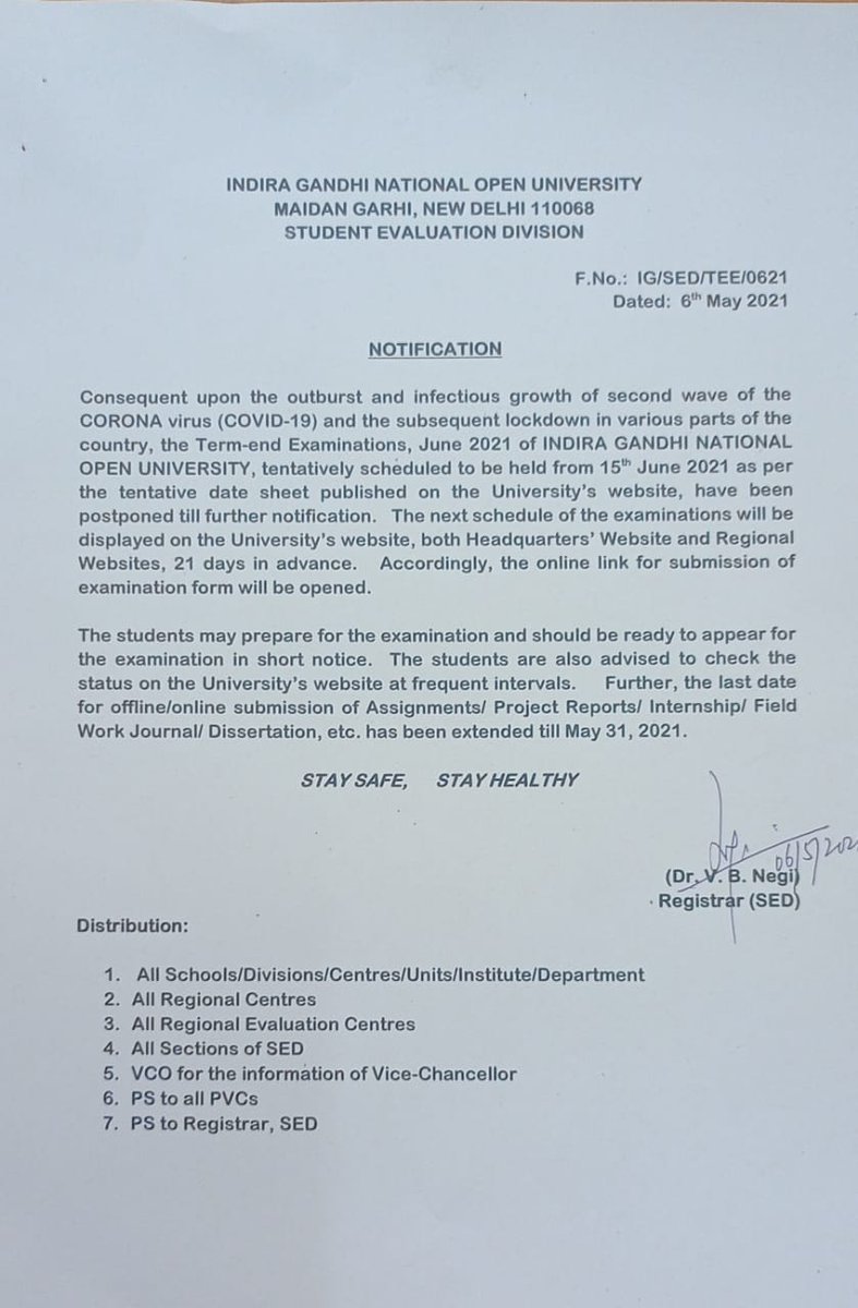 OfficialIGNOU's tweet image. Postponement of Term End Examination - June 2021