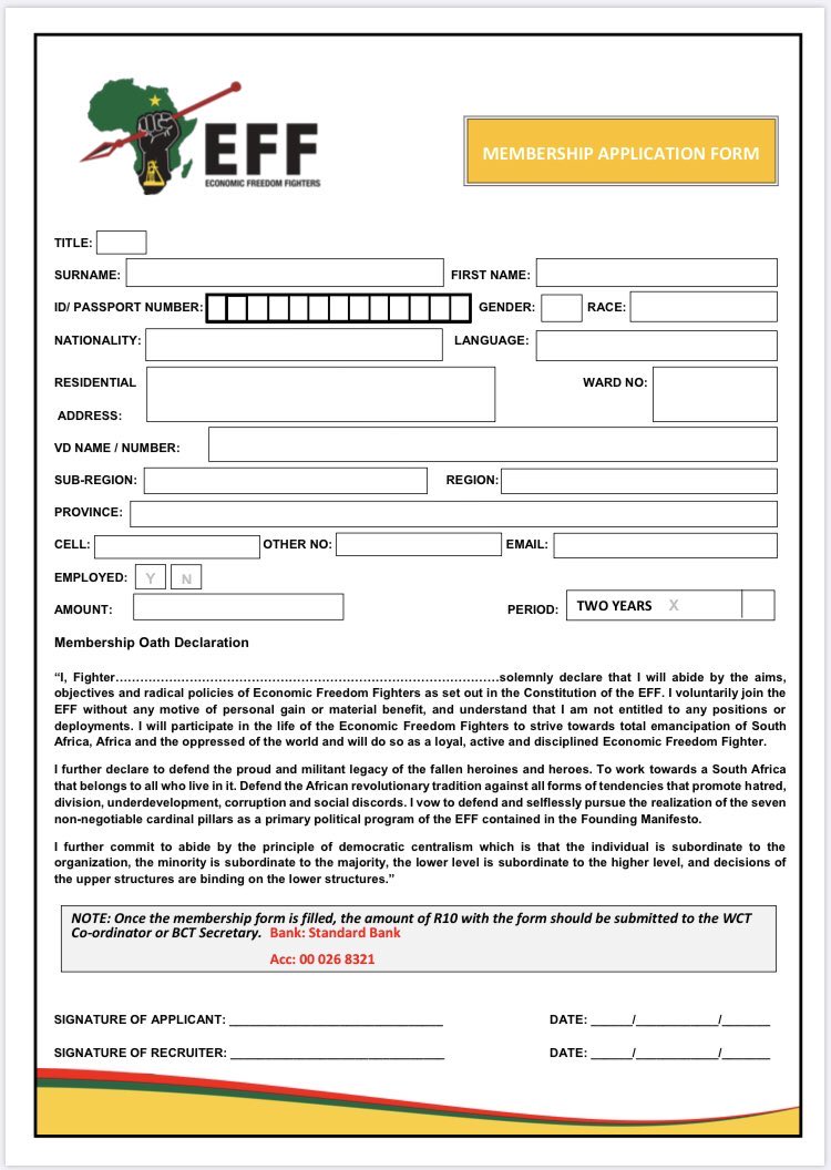 Here is the EFF membership form. Do the right thing Mzansi... #Asijiki