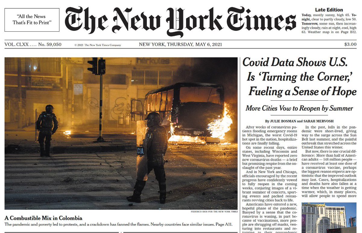 federicorios's tweet image. Colombia en la portada de @nytimes hoy. Un trabajo junto a @julieturkewitz y @sofiavillamil4 aquí pueden leer el texto completo: nytimes.com/es/2021/05/05/…