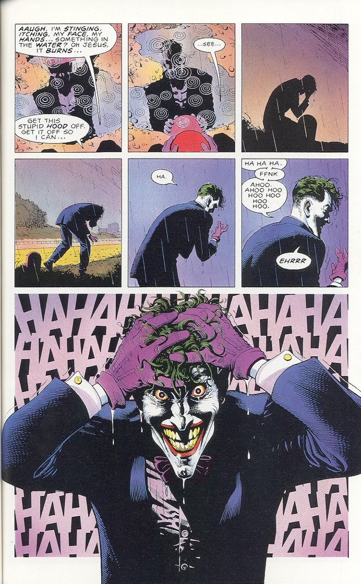 Looking at his reflection in the water, this was the final snap. He clutched his head in despair and all that came out was a maniacal cackle. Jack was no more, only the completely crazy Joker remained.
