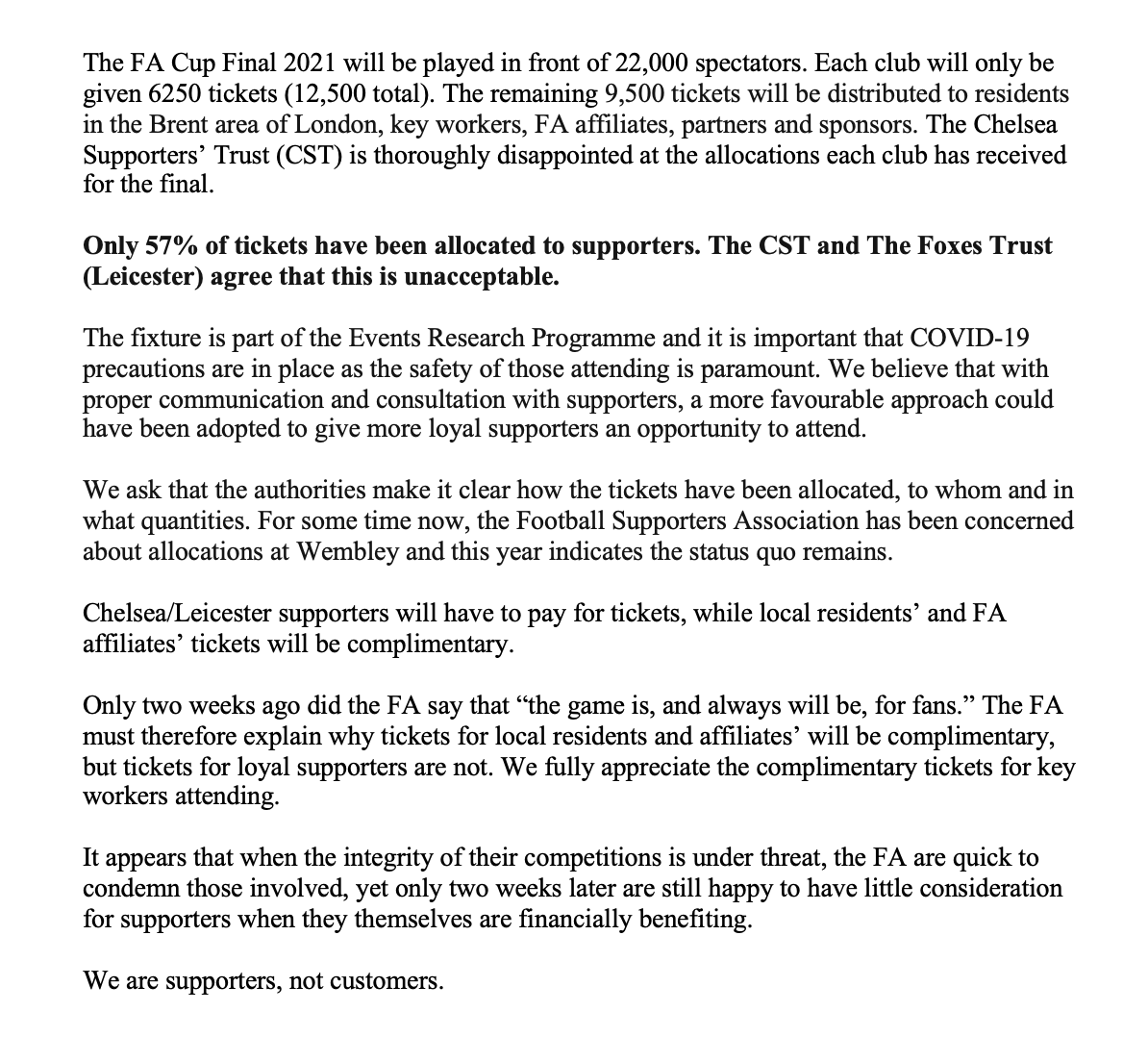 The <a href="/ChelseaSTrust/">Chelsea Supporters’ Trust⭐️⭐️</a> board has issued the following regarding the FA Cup Final 2021 ⬇️