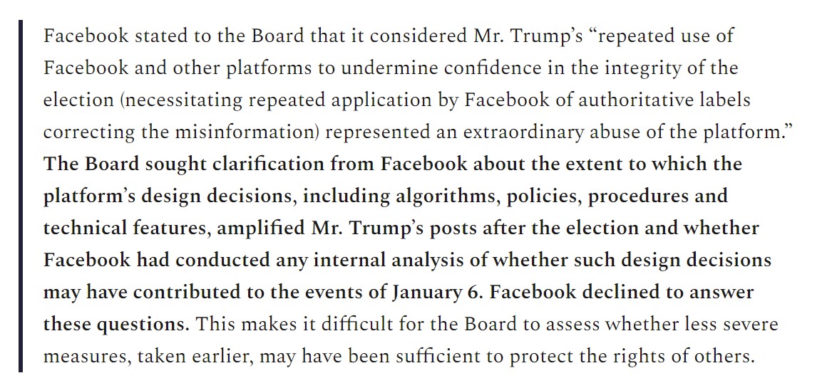 3. The  @OversightBoard also understood that this is not just about Trump. IT'S ABOUT THE ALGORITHM. So the Board asked Facebook about the algorithm and how it amplified Trump and all the lies that set the stage for January 6Facebook REFUSED TO ANSWER https://popular.info/p/facebooks-problem-isnt-trump-its