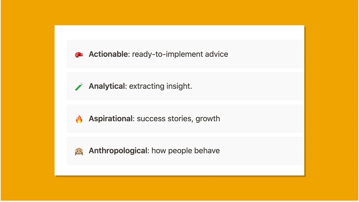 Step #3 - Defining my content pillarsThese are the lenses through which I will be getting the message to my audience (h/t  @jackbutcher for the concept).What each of these pillars gives me is a different way to approach the idea and how to bring it to life. Check'em 