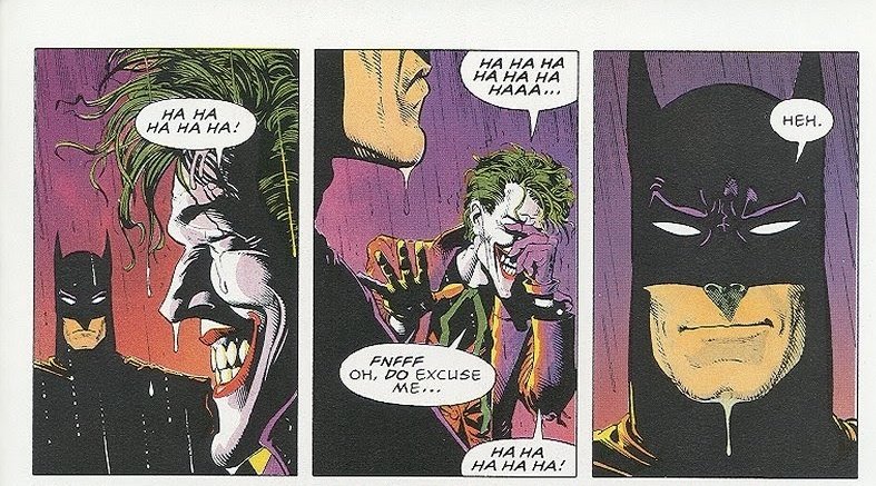 At the end, Batman begins to laugh because he understood the implication of the joke. He understood what his & Joker's roles represented, and began to laugh at the irony of it all. This made it so that the duo will always be aiming at each other's necks and never find solace.