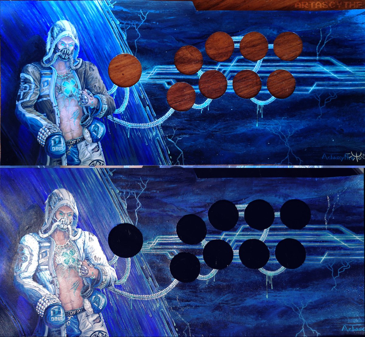 <a href="/DougFromParis/">D.F.P.</a> 's #artwork painting finished!✌️
steve from <a href="/TEKKEN/">TEKKEN</a> 7 in his #Cyborg version made with acrylic #paint🖌️
artwork for <a href="/QanbaEU/">Qanba Europe</a> obsidian modded for korean lever🛠️
original handmade #illustrations🎨 
thank you also to <a href="/DEUS_esport/">Deus Esport #ThisIsDeus</a> who trust me to carry out this project