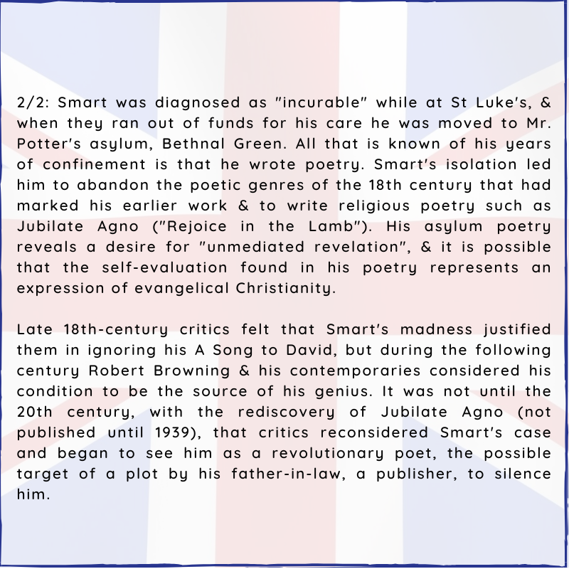 BritishHistorym's tweet photo. #otd 6 May 1757 – English poet Christopher Smart is admitted into St Luke's Hospital for Lunatics in London, beginning his six-year confinement to mental asylums.

#ChristopherSmart #Britishhistory #mentalasylum https://t.co/0v35emCbf6