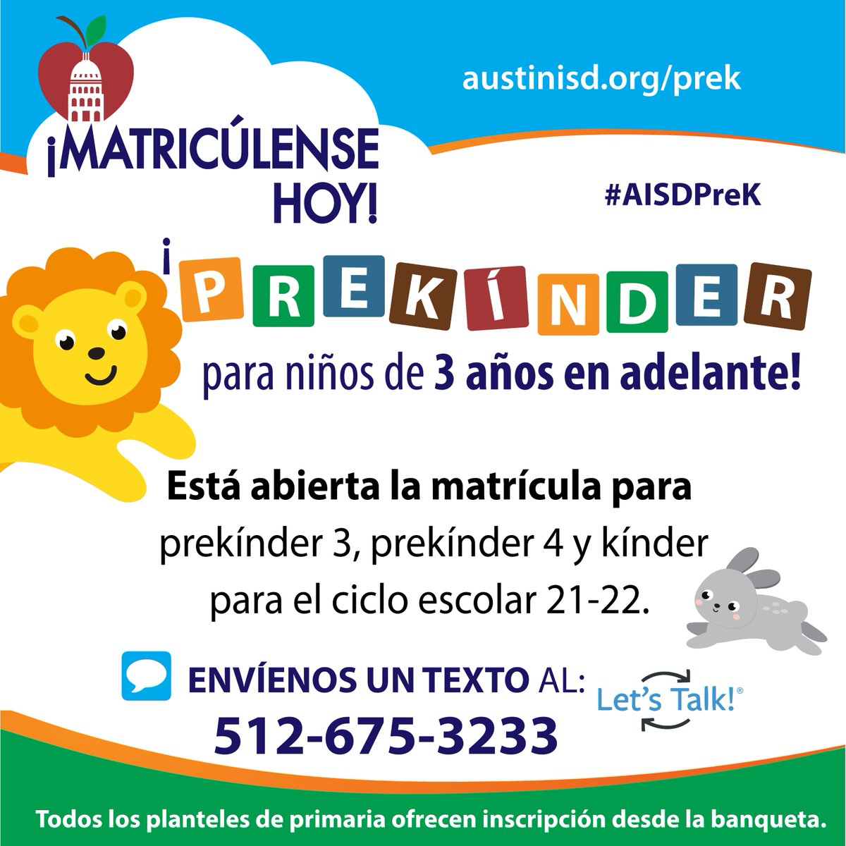 Austin ISD (@austinisd) on Twitter photo We proudly offer FREE Pre-K programming to eligible children as young as 3 years old. Jumpstart your child's educational journey by enrolling them today!
Text us at: 512-675-3233
Or visit: austinisd.org/prek
#AISDProud <a href="/aisdparents/">AustinISD Parent Engagement Support Office</a> @AISDECRocks <a href="/AISDHS/">Austin ISD Head Start</a> We proudly offer FREE Pre-K programming to eligible children as young as 3 years old. Jumpstart your child's educational journey by enrolling them today!
Text us at: 512-675-3233
Or visit: austinisd.org/prek
#AISDProud <a href="/aisdparents/">AustinISD Parent Engagement Support Office</a> @AISDECRocks <a href="/AISDHS/">Austin ISD Head Start</a>