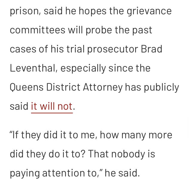 7/ Some are also skeptical that the grievance committees will go back + review flagged prosecutors’ whole careers—a resource-intensive demand that Accountability NY has made. Rohan Bolt, one of the 3 wrongfully convicted men in Queens, thinks they should: