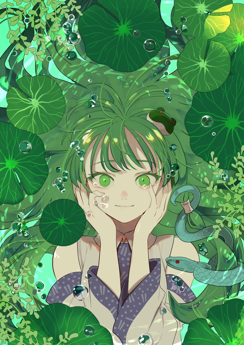 kochiya sanae 1girl solo green hair frog hair ornament green eyes hair ornament long hair  illustration images