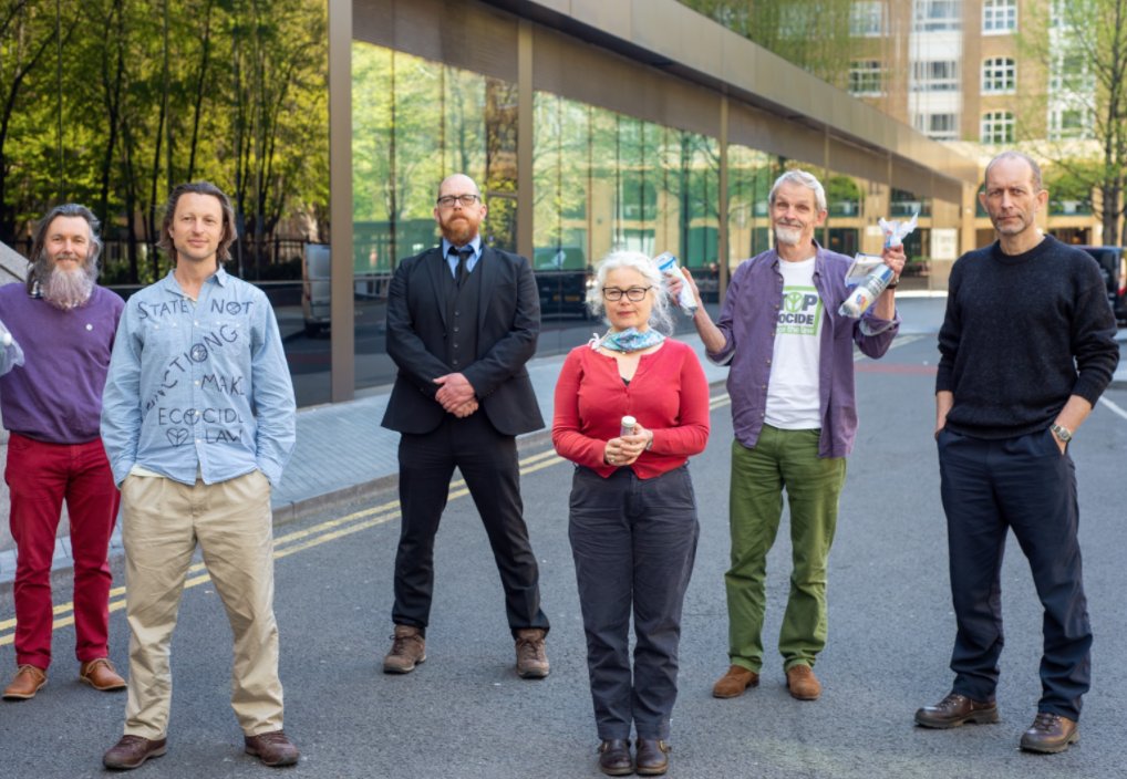 From left to right: Senan, Sid, Simon, Jane, David and Ian- all innocent of criminal damage against the Shell building. The #Shell7 made history but the fight to #SaveThePlanet and #MakeEcocideLaw is ongoing. Photo by @HelsTravels #ForPolly #NotGuilty #Law