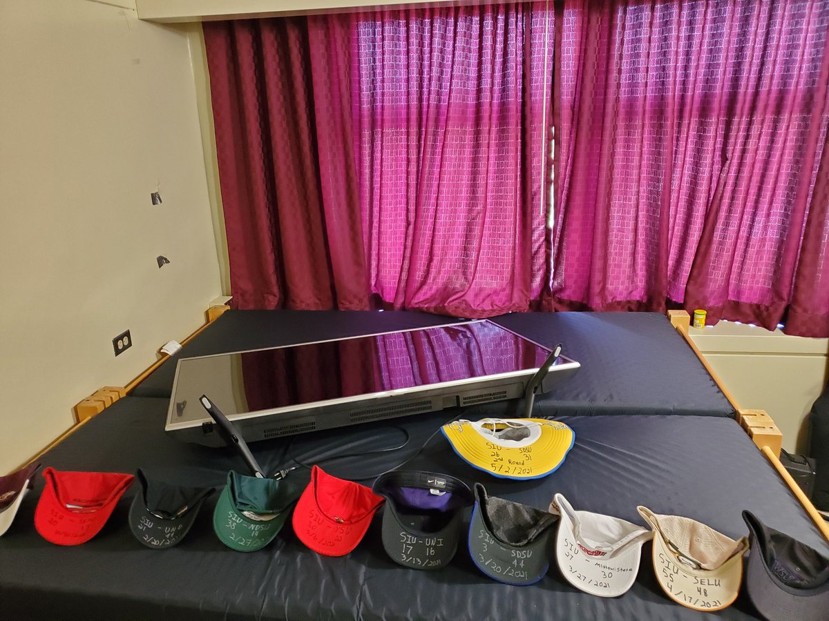 durham4664's tweet photo. Each one of these hats contains more memories than some could ever know. Win or lose each memory is a great one. Thank you @17NickHill @CoachP_SIU @SIU_Football for a great first season of college football. Thank you @NolanOwenLS for a dream come true! More memories to come! https://t.co/nv4sacINVy