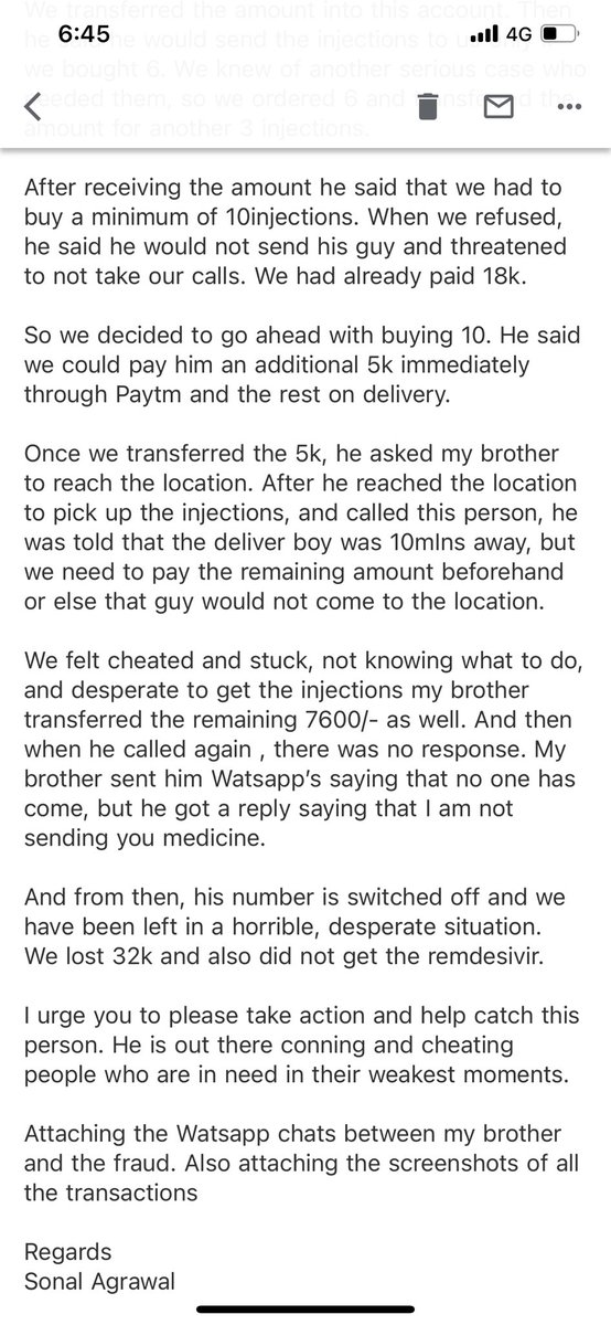 sonal2112's tweet image. I have been cheated today when my family and I were in dire need. We paid 31800/- for Remdesivir for my grandfather to a guy who disappeared without giving us the meds. Please help catch n punish such ppl. His number is 86534 74863
 @DelhiPolice @DCP_CCC_Delhi @CybercrimeCID