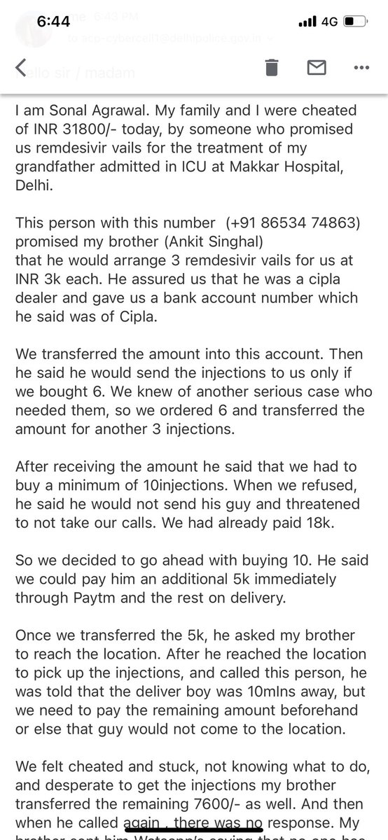 sonal2112's tweet image. I have been cheated today when my family and I were in dire need. We paid 31800/- for Remdesivir for my grandfather to a guy who disappeared without giving us the meds. Please help catch n punish such ppl. His number is 86534 74863
 @DelhiPolice @DCP_CCC_Delhi @CybercrimeCID