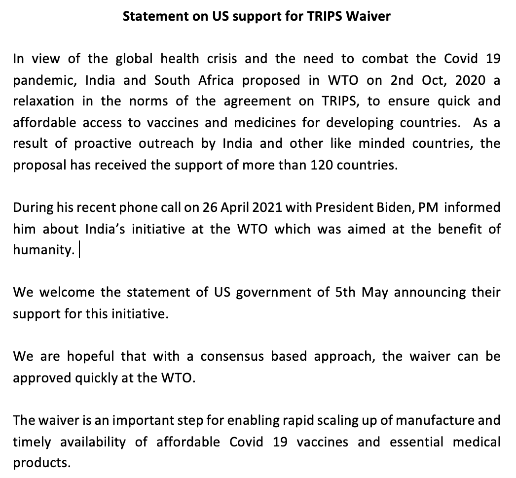 PiyushGoyal's tweet photo. In line with the vision of Mahatma Gandhi to benefit the poorest and the weakest, India and South Africa proposed TRIPS waiver in WTO on 2nd Oct, 2020. We welcome US government supporting this initiative and joining 120 other countries working towards affordable COVID-19 vaccines https://t.co/bw4qE0NSga