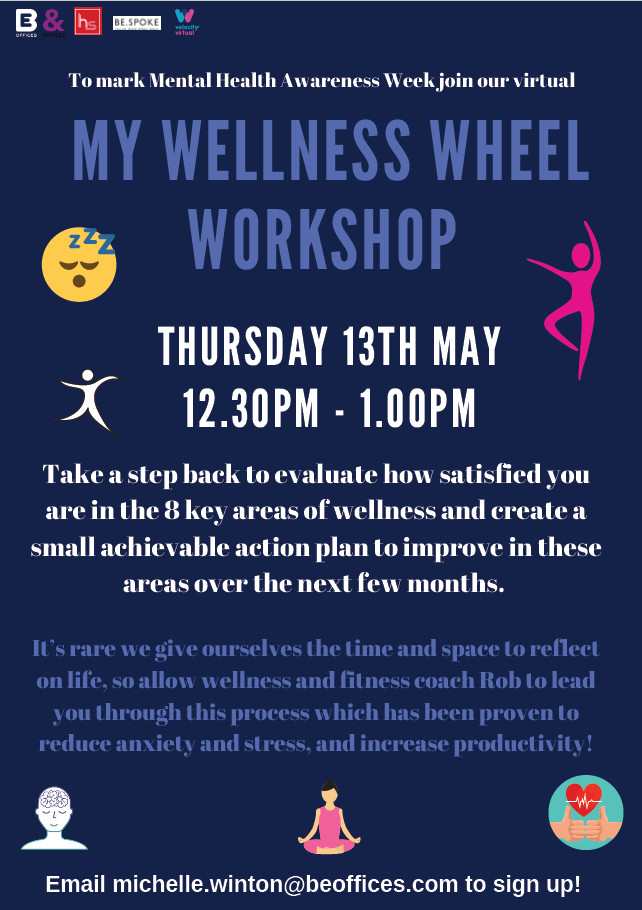 headspacegroup's tweet photo. Few of us can say that our mental health has been unaffected by the events of the past year. Join us for our free Wellness Workshop taking place during #MentalHealthAwarenessWeek and get some tips from our @mobgrouplive expert on how to improve your #Wellbeing https://t.co/CSXRjUlQyl